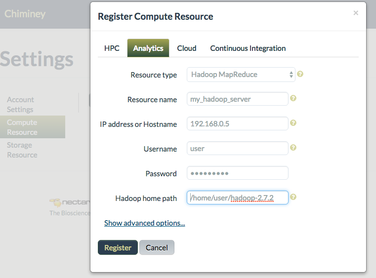 Registering an analytics compute resource (Hadoop MapReduce)