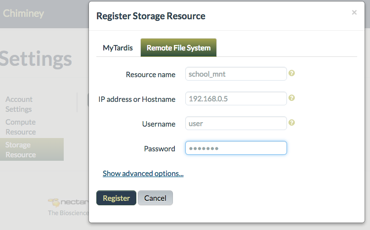 Registering a remote file system as a storage resource