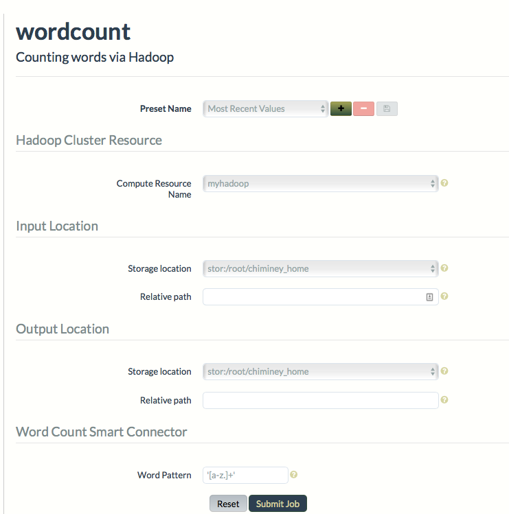 Job Submission UI for wordcount smart connector